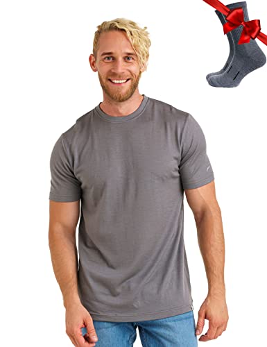 Premium Merino Shirt Herren Kurzarm - Atmungsaktiv 100% Merinowolle Tshirt Herren + Wanderwollsocken (Small, Perfect Gray)