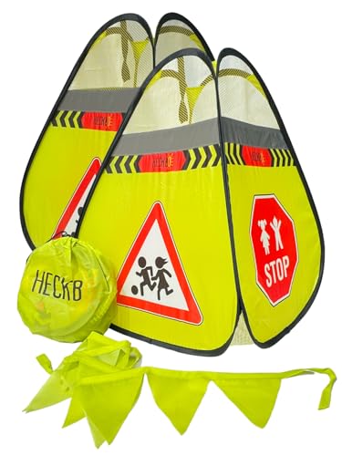 HECKBO 2x Straßenwarnschild Achtung Kinder Schild spielende Pylonen + Wimpelkette - Kinder Straßenpylone Kinder Sicherheit Safety Pop Up Set - Vorsicht Kinder Street Buddy Warnkegel