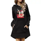 Weihnachtskleid Damen, Weihnachten Hoodie Kleid Damen Lustig Rentier Weihnachtspullover Sweatkleid mit Taschen Lang Weihnachts Pulli Elegant Kapuzenpullover Christmas Sweatshirt Winterkleid