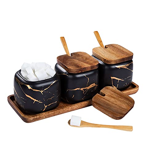 TELANKS Gewürzgläser Set, 3 Stk Keramik Zuckerdose mit Deckel und Löffel für Haus und Küche, Alternative zu Gewürzständer und Gewürzregal für Küche und Esstisch, Schwarzes Marmormuster