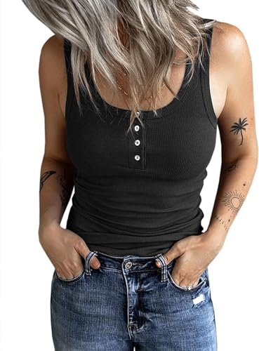 Fessceruna Damen Tops Slim Fit Oberteile mit Knöpfen Gerippt Ärmellos Tank top Damen U-Ausschnitt Blusentop Casual Sommer Sexy Vest Top Bluse,Schwarz M