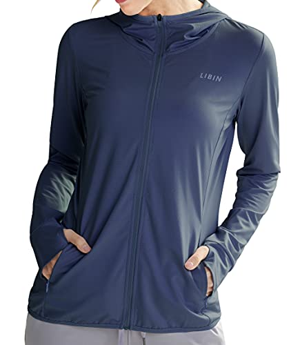 Libin Damen UPF 50+ Sonnenschutz Hoodie Full Zip Laufshirt Langarm Sun Shirt Sportshirt für Running Wandern Outdoor Surfen mit Taschen,Marineblau XXL