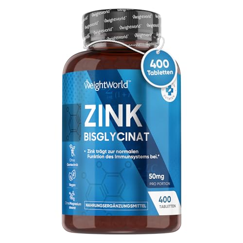 Zink - 400 vegane Tabletten - 1+ Jahr Vorrat - Für Fruchtbarkeit, Reproduktion, Immunsystem, Haut, Haare, Nägel & Stoffwechsel - Zink Bisglycinat (Zink Chelat) - Hohe Bioverfügbarkeit - WeightWorld