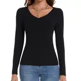 Joyshaper Damen V-Ausschnitt Langarmteeshirt Langarm Unterhemd Basic Langärmeliges T-Shirt mit Rundhalsausschnitt für Dame Schwarz L