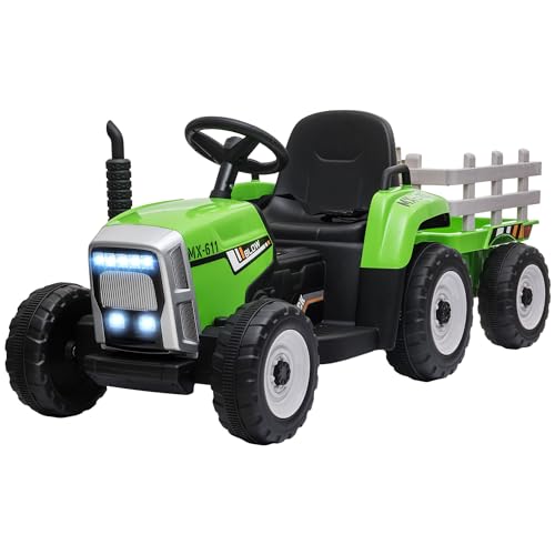 HOMCOM Elektrischer Traktor mit Anhänger, Kinder Aufsitztraktor mit Fernbedienung, Kinder Elektroauto mit MP3 Funktion, Kinderfahrzeug mit Scheinwerfer, 3-6KM/H, für 3-6 Jahre Kinder, Grün