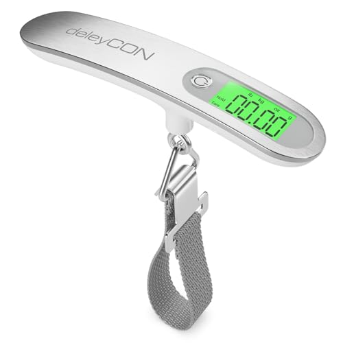 deleyCON Digitale Kofferwaage Gepäckwaage mit Display (bis 50kg, Inkl. Batterie) Tragbare Waage mit Haken für Reisekoffer Küche Angeln Hängewaage Fischwaage mit TARA Funktion Silber/Weiß