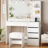 ANWBROAD Schminktisch mit LED Beleuchtung und Hocker, Glasplatte, Schminktisch mit Steckdosen und Großem Spiegel, Frisiertisch mit 5 Schubladen Offenen Regalen, Modern Weiß BDT74W