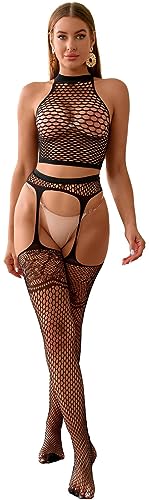 Bommi Fairy Damen Dessous Set Spitze Strumpfband + Oberteil Hohlkörper Fischnetz Netz Nachtwäsche Party Base Freie Größe (Schwarz)