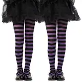 MANZI Gestreift Strumpfhose für Mädchen Semi-Blickdichte Kinder Strumpfhosen für Weihnachten Halloween,2 Paar,8-10Jahre,Schwarz Lila