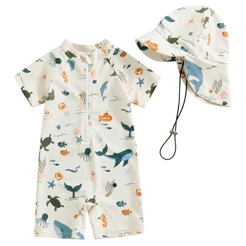WYTbaby Badeanzug Baby Uv Kleidung Einteiler Kurzärmel Uv Schutzkleidung für Baby Junge Mit Sonnenhut,1-2 Jahre
