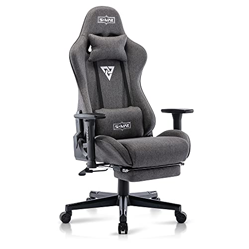 S*MAX Gaming Stuhl Stoff mit Fußstütze Verdickter Sitz Gamer Stuhl mit 3D Armlehne und Lendenwirbelstütze PU Leder Videospielstühle mit hoher Rückenlehne ergonomischer Gaming Stuhl für Erwachsene Grau