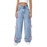 Generisch Jeans Baggy Jeans Hosen Mädchen mit Herzmuster&Taschen, Weitem Bein Vintage Y2k Denim Hose Kinder, Plus Size Loose Fit Jeanshose Teenager Mädchen Elastische Taille Jean Hosen