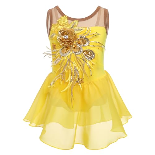 M?dchen Eiskunstlauf Kleid Pailletten Blumen Ballettkleid Chiffon Tanzkleid ?rmellos Turnanzug Gymnastikanzug Kinder Swing Skater Ballettkleidung Tanzkost?m Trikot Einteiler Body Gelb 7-8 Jahre