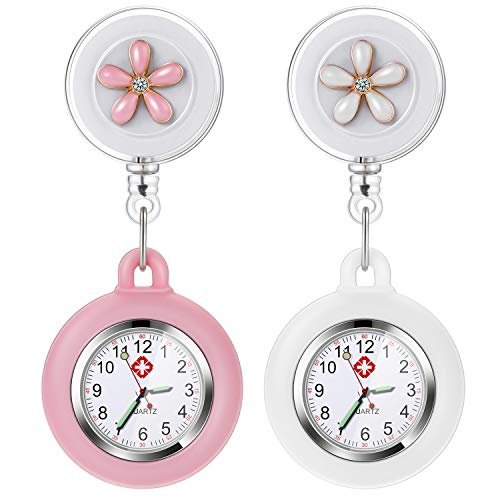 Vintoney Krankenschwester Uhr, 2er Krankenschwesteruhr Schwesternuhr Taschenuhren für Damen Pflegeuhr Taschenuhr Ansteckuhr Zeiger mit leuchtend im Dunkeln Dehnbare Silikon Hülle(weiß + pink)