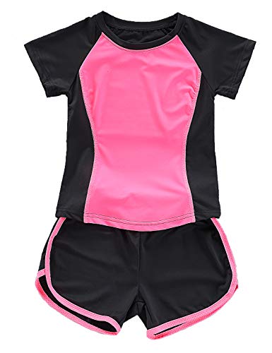 Echinodon Mädchen Sport-Set 2tlg Schnelltrockend T-Shirt + Shorts Trainingsanzug für Jogging Yoga Sommer Rot 130