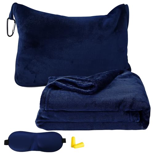 Bocguy Reisedecke Flugzeug Reise Gadgets mit Schlafmaske und Ohrstöpsel, 2 in 1 Verwandlungskissen Travel Blanket, Tragbare Dünne Decke für Camping, Geschäftsreisen (Dunkelblau)