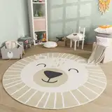 TT Home Waschbarer Kinderteppich Teppich Kinderzimmer Rund Spielteppich Löwe Bär Muster, Farbe:Beige Braun, Größe:100 cm Rund