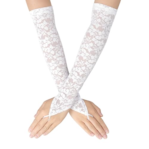 Lusofie Blumen-Spitzenhandschuhe Damen Fingerlose Handschuhe Spitze Handschuhe Lange Netz 1920er Vintage Damen Elastisch Mesh Handschuhe Mädchen Für Braut Hochzeit Tee Party Cosplay（ Weiß）