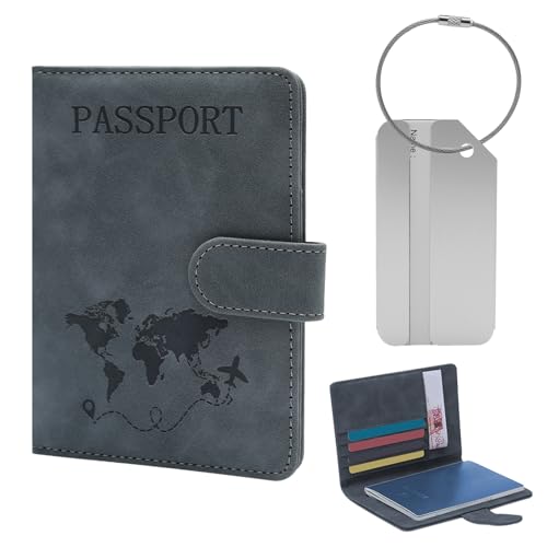 FL HUA Reisepasshülle Kofferanhänger Set, Passport Hülle Kunstleder, Schutzhülle Reisepass mit RFID Blockierung für Personalausweis, Kreditkarte, Visitenkarten, Bordkarte