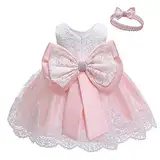 INLLADDY Baby Mädchen Prinzessin Kleid 2tlg Set Bowknot Spitze Taufkleid Festlich Kleid Hochzeit Party Festzug Taufe Tutu Kleid 0-23 Jahre Rosa 6-12Monate