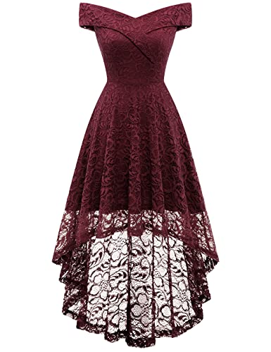 Homrain Damen Elegant Abendkleider Festlich Cocktailkleid Schulterfrei Brautjungfernkleider Spitzen Knielange Rockabilly High Low Ballkleid Burgundy L