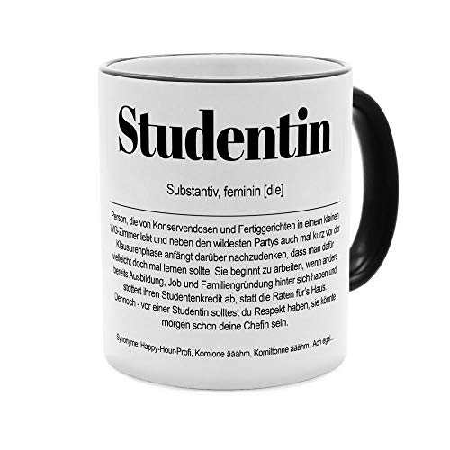 Tasse mit Definition Studentin - Tasse mit Spruch, Wörterbuchtasse, Geschenktasse, witzig, Kaffeebecher, Becher, Kaffeetasse - Farbe Weiß/Schwarz