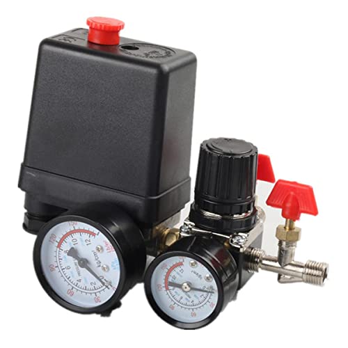 ORAZIO Luftkompressor Druckschalter G1/4" 220V 4 Port Verteiler-Sicherheitsventil Steuerregler mit Doppelmanometern Pneumatisches Werkzeugzubehör 214125