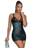 comeondear Sexy Lederkleid Damen Spitze Kleider Wetlook Dessous Set Kunstleder Partykleid Minikleid Clubwear Große Größen Reizwäsche Schwarz XXL