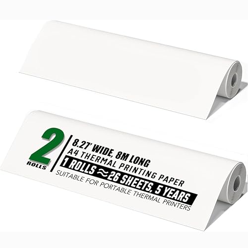 2 Rollen, 26 Blatt/Rollen, 210x297 mm A4 Thermopapier(210 mm/8M Lang) für Tragbare Drucker M08F/ M832/ Q302/M834/MT800, für Reisen oder Außendiensteinsätze, Druckaufträge, Bilder, etc