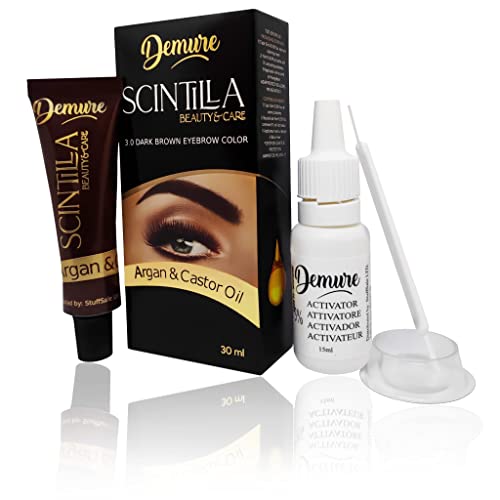 DEMURE Augenbrauenfarbe Kit, Professional Formula Brauenfarbe - enthält Arganöl und Rizinusöl (Omega 6, Carotin, Vitamine А, Е, F), schnelle und sichere Ergebnisse (3.0 Dunkelbraun)