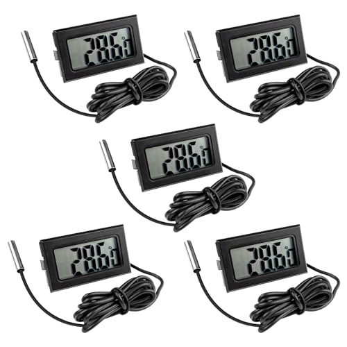 Gvolatee Pack of 5 Aquarium Digital Thermometer with Sensor, Temperature Sensor, Waterproof with Cable, LCD Thermometer, Temperature Monitoring with External Probe for Fridge, Freezer, Aquarium