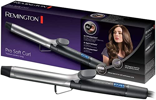 Remington Lockenstab [25mm] Pro Soft Curl Digital (4-facher Schutz, antistatische Keramik-Turmalin-Beschichtung) -LCD-Display 130-220°C, mit Klemme, weiche mittelgroße & natürliche Locken, CI6525