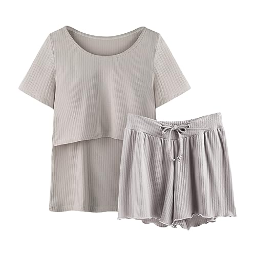 Damen-Pyjama, Schlafanzug, Ärmel, Nachtwäsche, Stillen, Shirt und Set, Baby, Umstands-Top, kurze Hose, Umstandspyjama mit Robe, grau, M