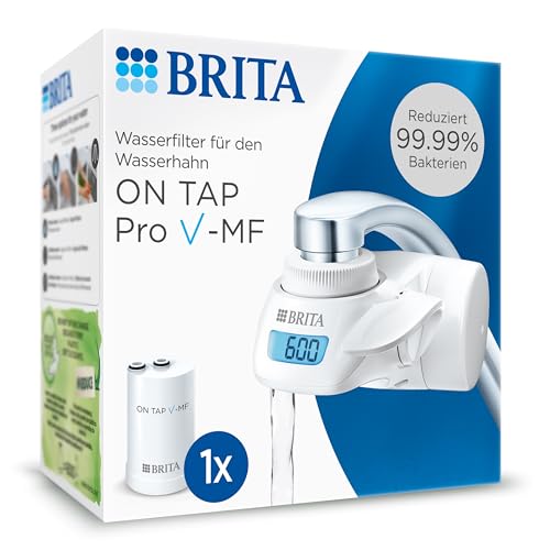 BRITA Wasserfilter für Wasserhahn ON TAP Pro V-MF inkl. 1 Filterkartusche (600l) - reduziert 99,99% Bakterien, Chlor, Mikroplastik und schwere Metalle / digitales LCD Display zeigt Restkapazität