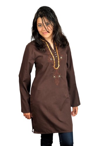 Egypt Bazar Bestickte Damen-Tunika Top/Bluse Tunika-Kleid, Farbe:braun (56-58 (3XL))