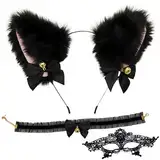 Melldrry 3 Stück Katzenohren Haarreif, Fuchsohren Stirnband Haarnadel, Anime Katze Cosplay, Niedlich Haarschmuck,Plüsch Haarreifen für Kinder Und Damen, Cat ears für Halloween Cosplay Schwarz