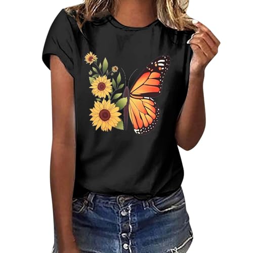 Generisch 2025 - Lässiges, kurzärmliges Oberteil mit Rundhalsausschnitt Aufdruck für Damen, stilvoll bequem Jeansrock Mit Knopfleiste (Black, S)