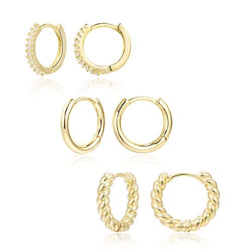 Gold Creolen Ohrringe Silber 925 Damen, 3 Paar 14K Vergoldet Schlafen Creolen Ohrringe Set mit Zirkonia Klein Hypoallergen Huggies Creolen für Damen Männer Mädchen