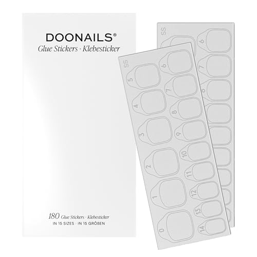 Doonails – Glue Sticker Nagel Klebepads – 180 Stück Klebesticker in 15 Größen – Doppelseitiger Nagelkleber für Kunstnägel, Press On Nails & Tips – Selbstklebende Nagel Aufkleber mit super Haftung