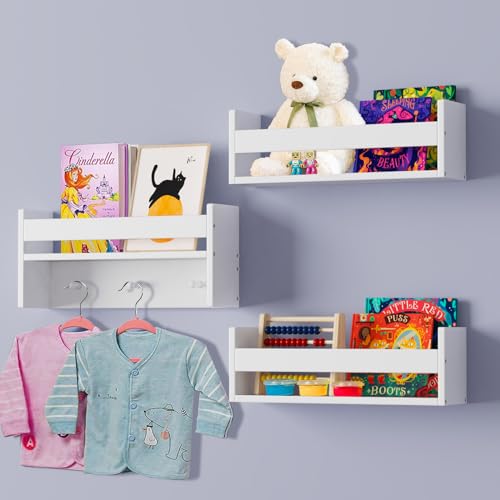 HZE 3er Set Wandregal Kinderzimmer, Schwebende Bücherregal Kinder Wand mit Haken, Wandregal Bücher aus Kiefernholz für Bücher, Spielzeug und Dekoration, Weiß