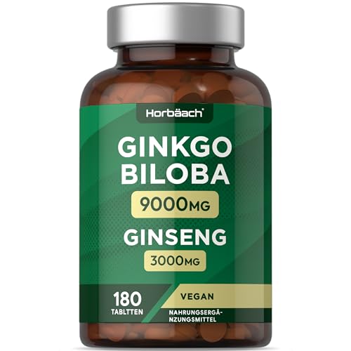 Ginkgo Biloba und Ginseng Tabletten | Ginkgo 9000 mg & Koreanische Ginsengwurzel 3000 mg | 180 vegane Tabletten | by Horbaach