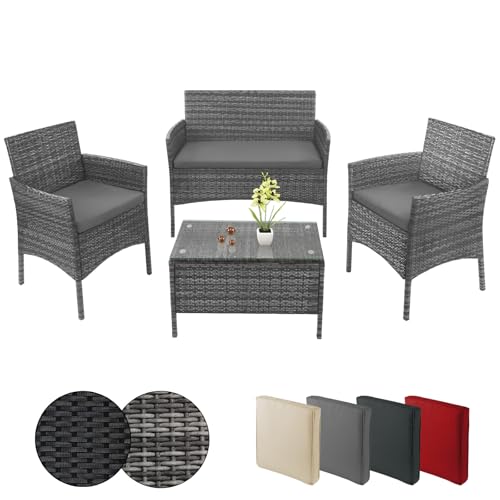 BB Sport Poly Rattan Sitzgruppe 4 Personen Tisch 2 Stühle Sitzbank 5cm Dicke Sitzpolster Balkonmöbel Set Sitzgarnitur Balkon Terrasse Garten Outdoor, Farbe:Grau-meliert/Kieselstrand