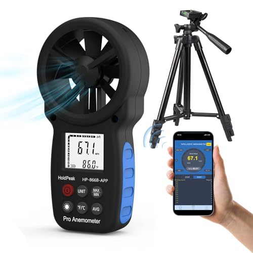 H HOLDPEAK Bluetooth Digital Anemometer, kabellosem Bluetooth Windmesser mit APP, Windgeschwindigkeit/Windtemperatur, LCD-Hintergrundbeleuchtung, für HLK-Segeln/Surfen (mit Stativ)