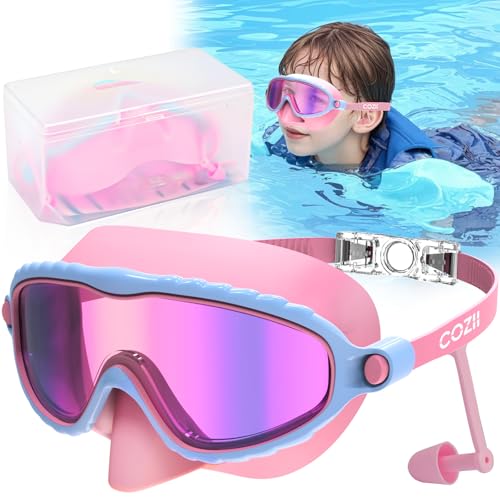 COZII Taucherbrille Kinder, Schwimmbrille Kinder für Jungen Mädchen mit Nasenschutz Ohrstöpsel, 180° Panorama Anti-Leck Anti-Beschlag Anti-UV, Schnorchelmaske Kinder für 4-13 Jahre (Rosa)
