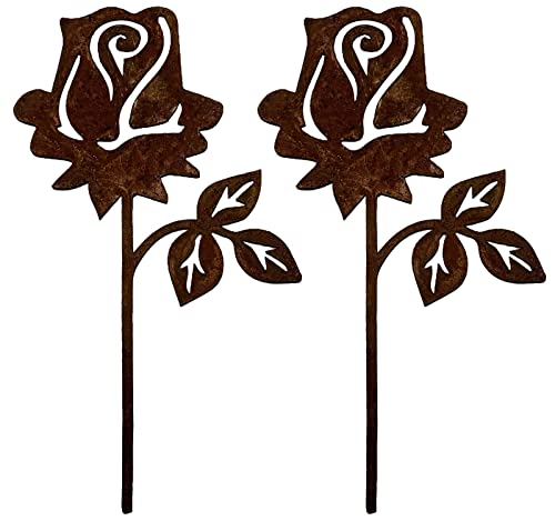 KRONLY 2 Stück Gartenstecker Rose 20cm Grabschmuck Roststecker wetterfest Gartendeko Outdoor