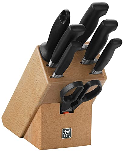 ZWILLING Vier Sterne Messerblock, 8-teilig, Holzblock, Messer, Wetzstab und Schere, Rostfreier Spezialstahl, Ergonomischer Kunststoff-Griff, Schwarz [Made in Germany]