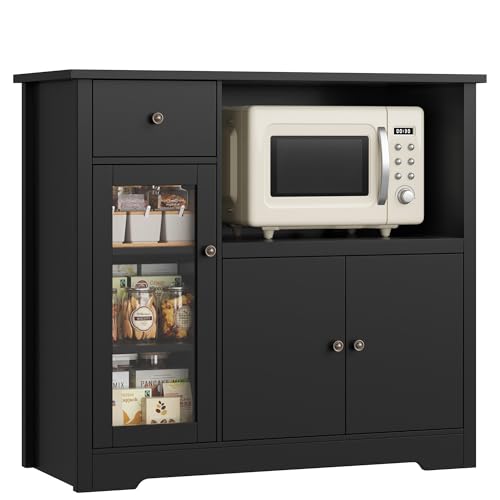 HOCSOK Küchenschrank mit Arbeitsplatte, Sideboard Küche mit Mikrowellenregal, Buffetschrank mit 1 Schubladen, 3 Tür, Verstellbare Ablagen, für Küche, Esszimmer, Wohnzimmer, Schwarz