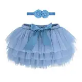 Baby Kleinkind Mädchen Tutu Rock Prinzessin Rock Mini Tiered Super Soft Tüllrock 0-6 Monate Elastische Taille Ballett Tanzrock mit Windelüberzug + Stirnband, Staubiges Blau S