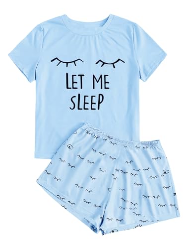 Haloumoning Mädchen Sommer Niedliche Shorts Set Bequem Kurzarm Cartoon bedrucktes Pyjama Set T-Shirt und Kurze Hose Set, Blau, 10-12 Jahre