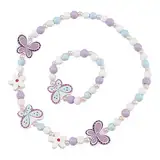 Souvik 2 teiliges Kinderschmuck Set Holz Halskette und Armband für Mädchen Schmückendes Schmuckset für Kinder mit Schmetterlings und Blumenperlen für Geburtstag oder Alltag Blaulila